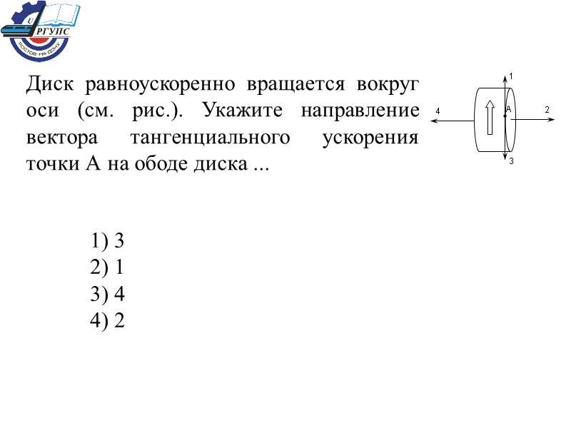 Диск равноускоренно вращается вокруг оси (см. рис.). Укажите направление вектора тангенциального ускорения точки А